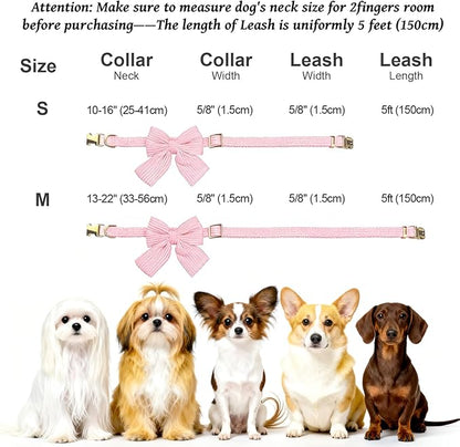Dog Collar and Leash Set with Bowtie, Girl Dog Collars Metal Buckle Adjustable for Small Medium Dogs (Purple, S: Neck 10"-16" Leash 5 FT)