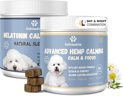 Calming Chews with Melatonin Set, Dog Calming Soft Chews for Fireworks, Storms, Thunder, Barking, Separation