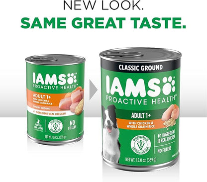 IAMS Proactive Health Wet Dog Food, Adult Wet Dog Food Multipack Ground Dinner, with Chicken & Rice, 13 oz. Cans (Pack of 12)