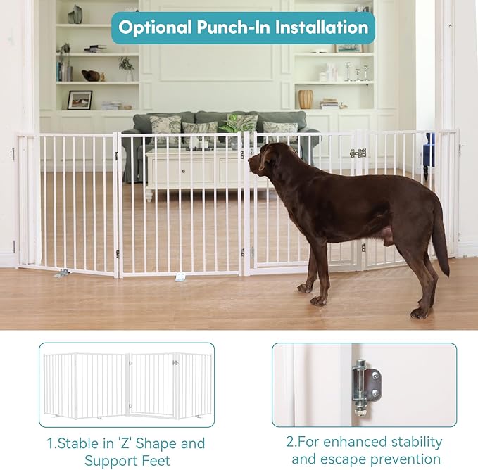 No Pawblems Free Standing Dog Gate with Door, 30'' Tall Foldable Dog Fence for Indoor & Outdoor, Up to 78 Inch Extra Wide Puppy Gate for Stairs, Hallways, Doorways, Deck, Yard (White, 3 Panels)