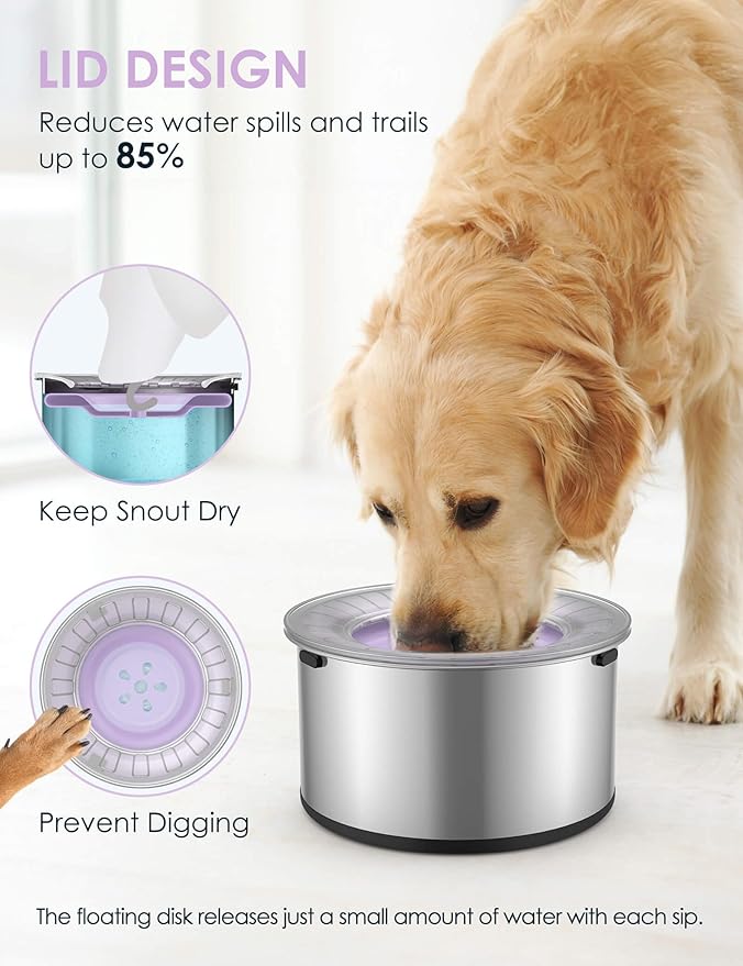 Heouvo 1Gallon Large Dog Water Bowl No Spill, [Anti Digging Lid & Rubber Bottom] Spill Proof Dog Bowl, Anti Splash Mess Dripless Slow Drinking Stainless Steel Water for Sloppy Messy Drinkers Car