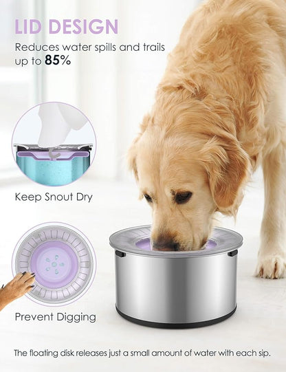 Heouvo 1Gallon Large Dog Water Bowl No Spill, [Anti Digging Lid & Rubber Bottom] Spill Proof Dog Bowl, Anti Splash Mess Dripless Slow Drinking Stainless Steel Water for Sloppy Messy Drinkers Car