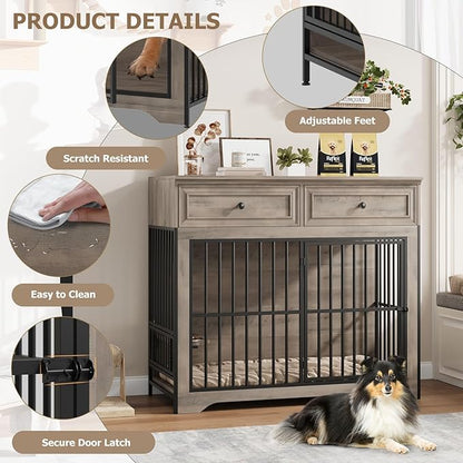 QUW 42" Modern Dog Crate Furniture, Wooden Dog Kennel for Medium to Large with 360°Rotating & 3-Levels Adjustable Height Dogs Bowl Holder, Decorative Dogs cage Pet House Indoor, Grey