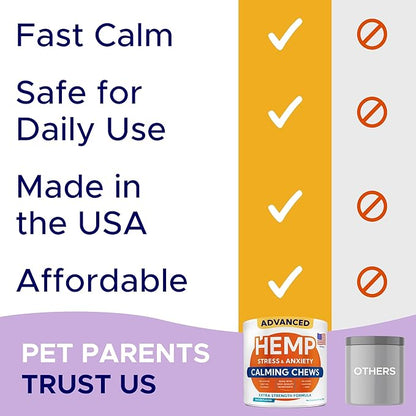 Advanced Calming Chews for Dogs - Hemp Treat + Melatonin + Valerian - Relaxing Bites - Calming Care - Stress Relief - Made in USA - Calm, Sleep Aid, Storms - 60Ct