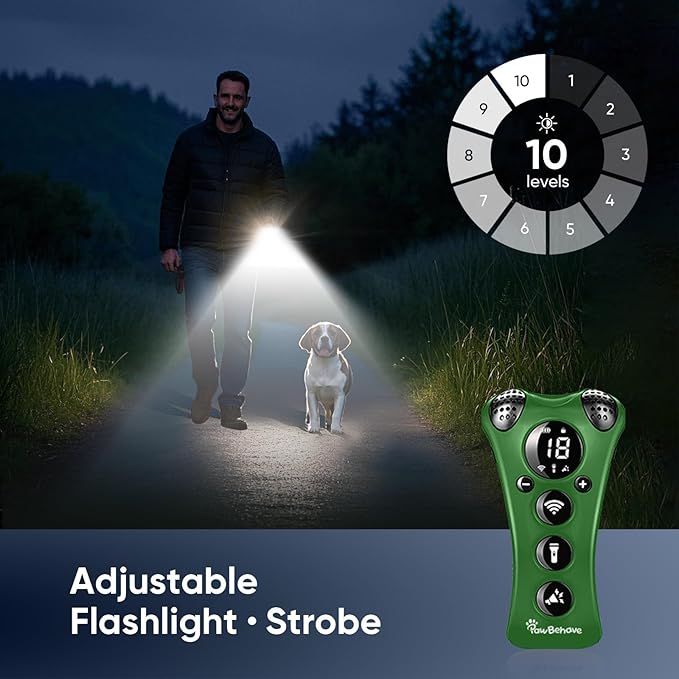 PawBehave Ultrasonic Dog Bark Deterrent Device –10-Level Adjustable Anti Barking Trainer with Flashlight, Strobe, E-Clicker(18 Whistle Sounds)–No Shock, Collar-Free Dog Behavior Correction Devices