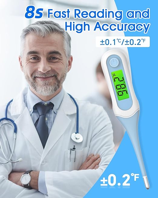 Digital Oral Thermometer for Adults and Kids, 8s Fast Reading, Accurate & Safe Thermometer for Baby with Fever Alarm, °C/°F Switchable, 3 Colors Backlit Medical Rectal Thermometers