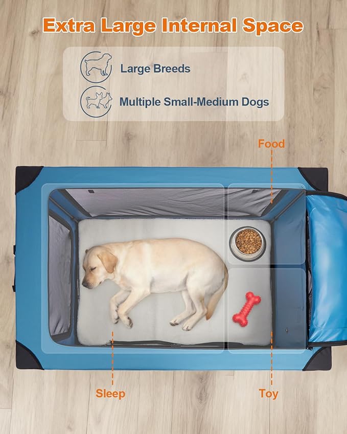 Ownpets 48 inch XXL Collapsible Dog Crate for Large Dogs, Portable Travel Dog Crate, 4-Door Foldable Pet Kennel with Durable Mesh Windows and Soft Mat, Blue