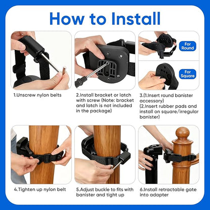 2Pcs Baby Gate Stair Railing Banister Adapter, Fits 1.9-4.72'' Diameter Universal Banisters, Wide Square/Round Railings No-Drilling Mounting Fittings for Retractable Gates,Adjustable Fixed Strap