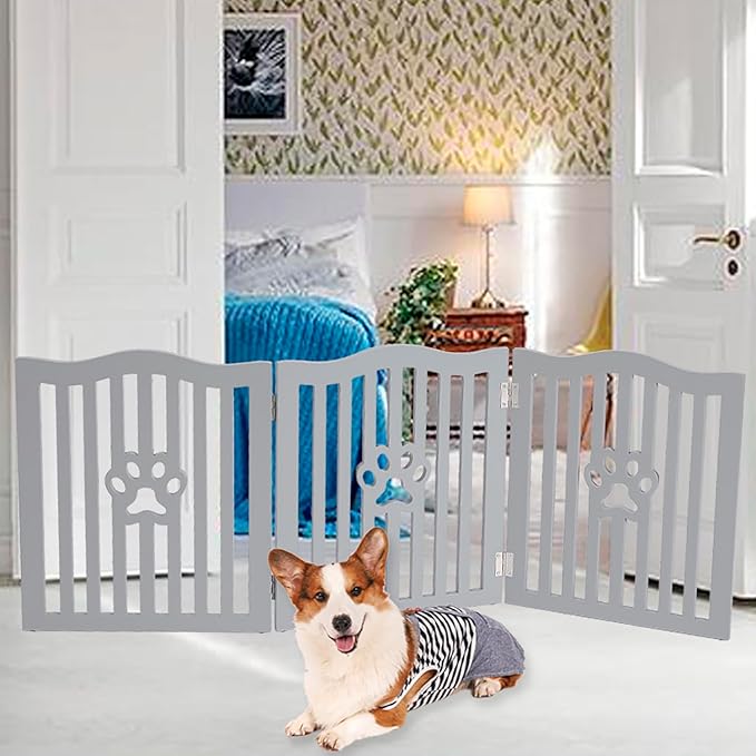 Pet Gate, Wooden Free Standing Dog Gate for Small Dogs and Cats. Great Folding Fence for Doorways, Halls, Stairs. Grey