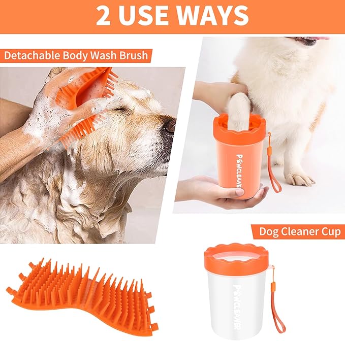 Professional 7 in 1 Dog Paw Cleaner for Dogs & Cats - Includes 1 Portable Paw Washer, 1 Bath Brush, 2 Dog Toothbrushes and 3 Absorbent Towels Note: Fits Paws 1.5 to 2.5 Inches Wide (Orange, Medium)