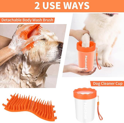 Professional 7 in 1 Dog Paw Cleaner for Dogs & Cats - Includes 1 Portable Paw Washer, 1 Bath Brush, 2 Dog Toothbrushes and 3 Absorbent Towels Note: Fits Paws 1.5 to 2.5 Inches Wide (Orange, Medium)