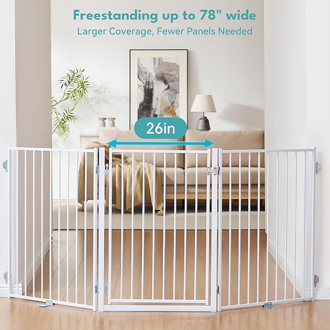 No Pawblems Free Standing Dog Gate with Door, 36'' Tall Foldable Dog Fence for Indoor & Outdoor, Up to 78 Inch Extra Wide Puppy Gate for Stairs, Hallways, Doorways, Deck, Yard (White, 3 Panels)