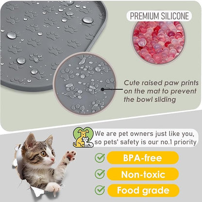 2 Pack Pet Feeding Mats, Waterproof Anti-Slip Placemats for Dog Cat Bowl Silicone Pet Food Mat, Raised Edge Prevent Spills on Floor & Carpet, Dishwasher Safe (2 Gray, 11" x 11")