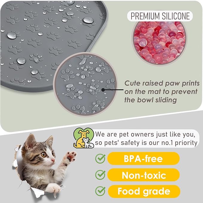 Pet Feeding Mat, Waterproof Anti-Slip Placemats for Dog Cat Bowl Silicone Pet Food Mat, Raised Edge Prevent Spills on Floor & Carpet, Dishwasher Safe (Beige, 11" x 11")