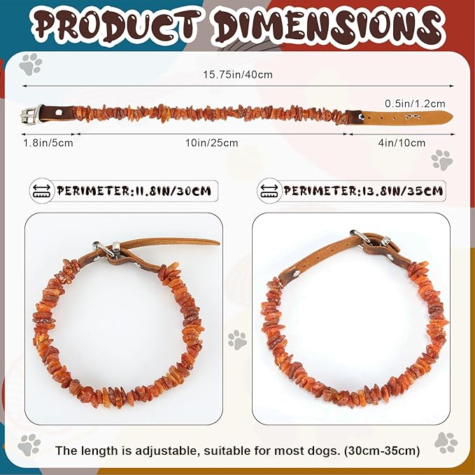 2 Pcs Natural Flea Amber Collar for Dogs with Adjustable Leather Strap 11.8-13.8 inch Flea Collar Handmade Raw Baltic Amber Beads for Pets