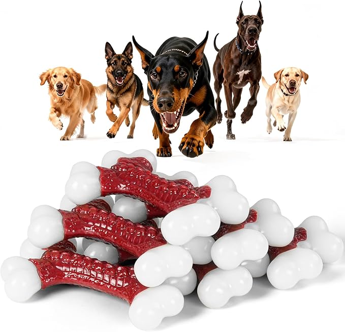 Kseroo 6-Pack Indestructible Dog Toys for Aggressive Chewers: Beef Flavored Hard Nylon Bone Chew Toys, Tough Dog Chew Toys for Large Dogs, Dog Toys to Keep Them Busy for Medium Large Breed, Red