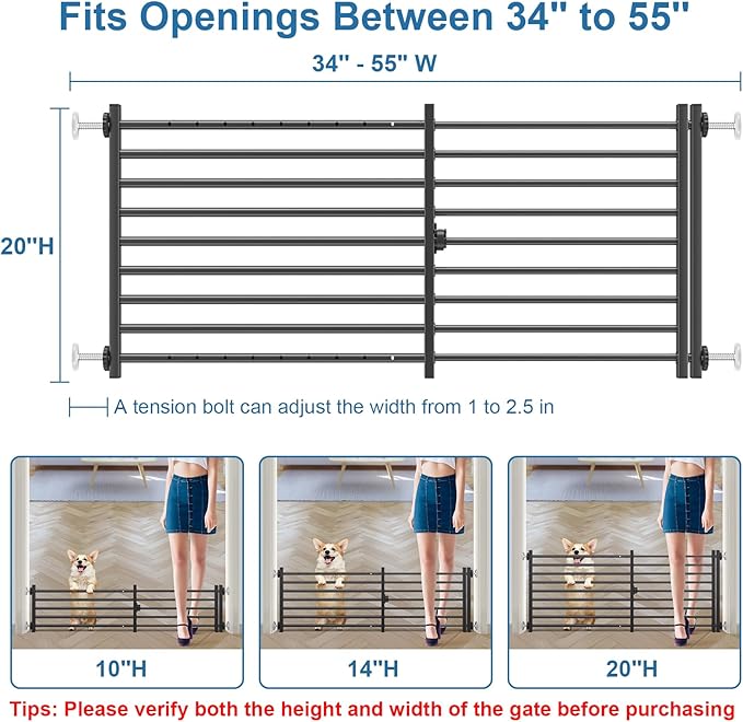 Malier Dog Gate with Door, 34-55" Extra Wide Full Metal Pet Gate Short Dog Gate for Stairs, Pressure Mount 20'' Tall Small Puppy Gate, Easy Step Over Low Gate for Doorways