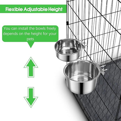 2 Pcs Large Dog Food Water Bowl for Cage with Upgraded Clamp Holder, Pet Kennel Hanging Bowls Stainless Steel Non-Spill Detectable Bowls Crate Feeder Dish for Large Dogs (7x3.7''& 6.3x2.5'')