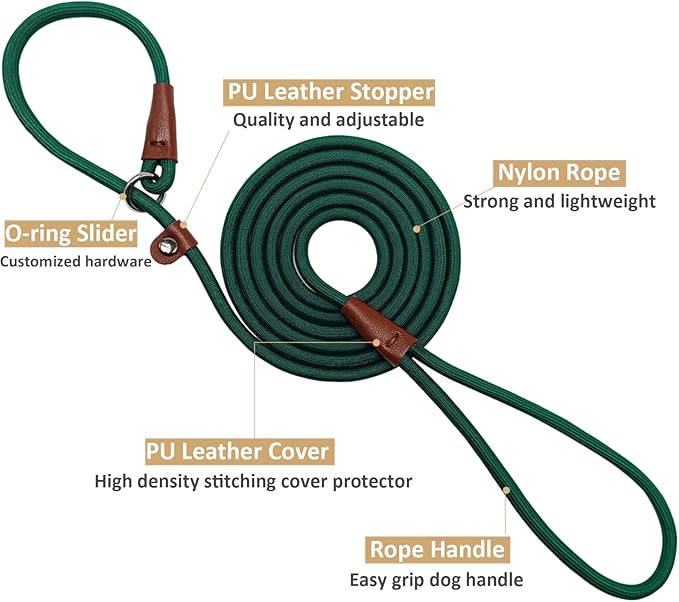 BTINESFUL 7FT Slip Lead Dog Leash, 1/4 inch Lightweight Nylon Rope Leash, No-Pull Training Lead for Small Medium Dogs, Dark Green