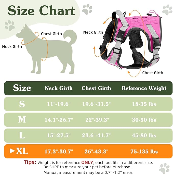 VavoPaw Heavy Duty Tactical Dog Harness for Large Dogs, No Pull Adjustable Pet Harness Reflective Service Training Easy Control Pet Vest Military K9 Working Dog Harnesses, Pink, XL