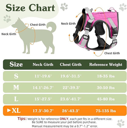 VavoPaw Heavy Duty Tactical Dog Harness for Large Dogs, No Pull Adjustable Pet Harness Reflective Service Training Easy Control Pet Vest Military K9 Working Dog Harnesses, Pink, XL