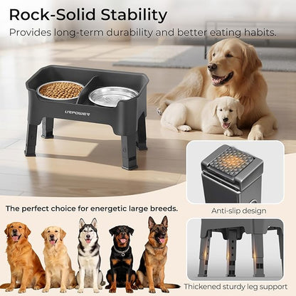 URPOWER Mess Proof Elevated Dog Bowls, High Wall Splash Guard Design, 4 Height Adjustable Raised Bowl Stand, 2 Stainless Steel Bowls, Non-Slip Food Water Set for Small Medium Large Dogs