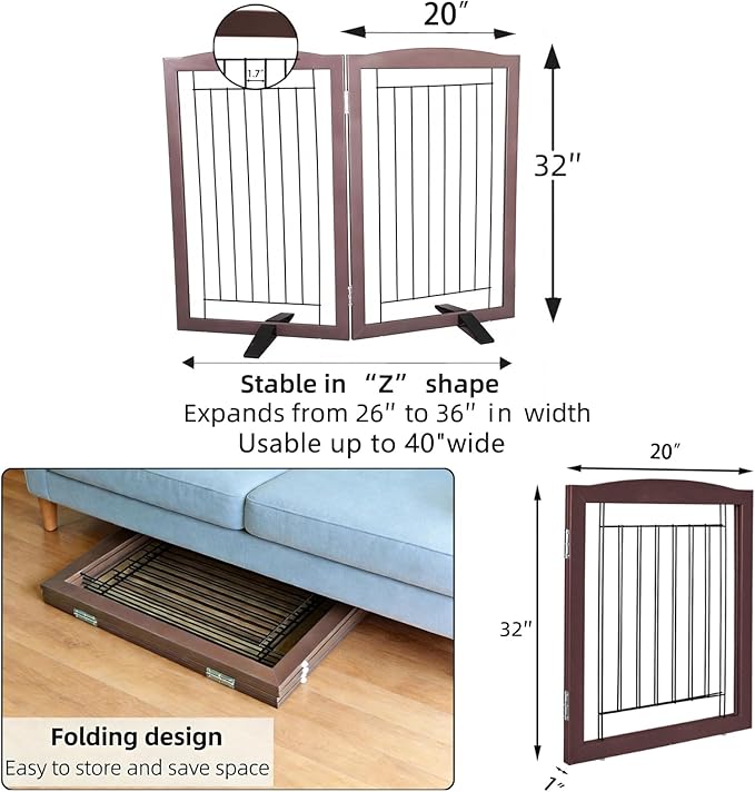 ZJSF Freestanding Dog Fence Indoor, Foldable Dog Gate for Doorways, Stairs or Hallways, Sturdy Wood Extra Wide Pet Gate with Support Feet for The House, Brown, 32 "Height-2 Panels