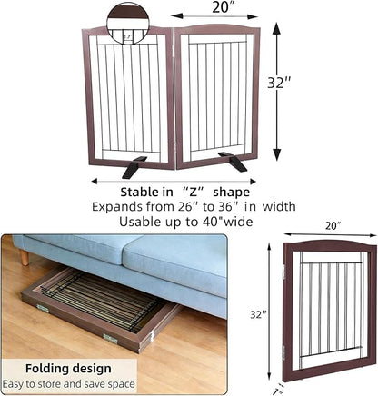 ZJSF Freestanding Dog Fence Indoor, Foldable Dog Gate for Doorways, Stairs or Hallways, Sturdy Wood Extra Wide Pet Gate with Support Feet for The House, Brown, 32 "Height-2 Panels