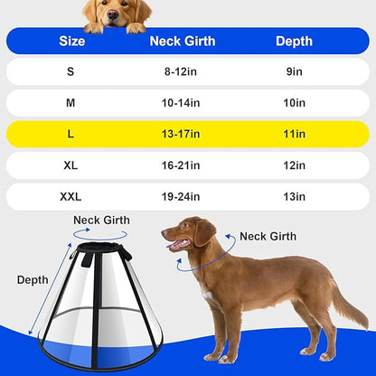 Soft Dog Cone Collar for Post-Surgery, Wound Care Injury Healing, Comfortable Adjustable Pet Cone Recovery Protective Elizabethan Collar to Prevent Licking Biting Scratching for Medium Large Dogs, L