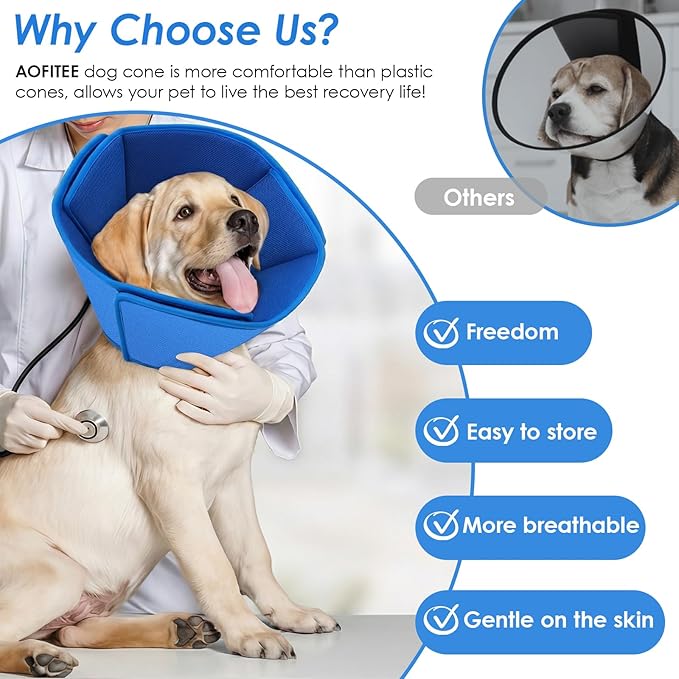 AOFITEE Soft Dog Cone, Adjustable Cones for Dogs After Surgery, Comfy Dog Cone Collar Alternative to Stop Licking, Elizabethan Recovery Collar for Large Dogs(Blue,Large)