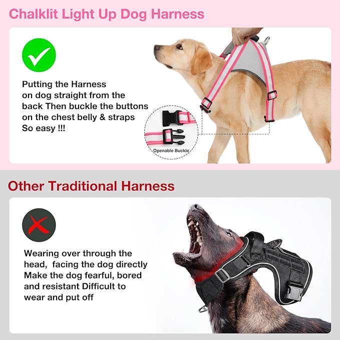 ChalkLit Light Up Dog Harness, No Pull Led Dog Harness Glow-in-The-Dark for Night Walking, USB Rechargeable Lighted Safety Vest for Medium Large Dogs, Adjustable Soft Mesh Fully Illuminated(Pink, XL)