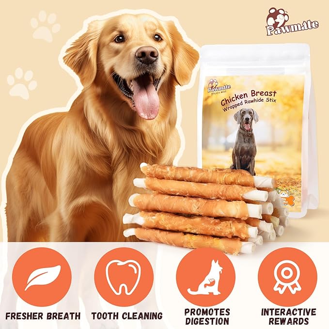 Pawmate Dog Treats Chicken Wrapped Rawhide Sticks w/Taurine, Long Lasting Dog Chews Trainning Snacks High Protein, Natural Chicken Treats for Small Medium Large Dogs 20-21 Counts, 10.6 oz