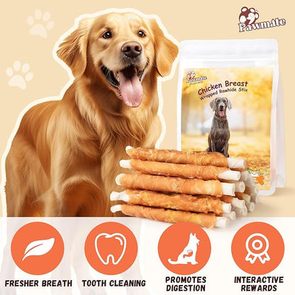 Pawmate Dog Treats Chicken Wrapped Rawhide Sticks w/Taurine, Long Lasting Dog Chews Trainning Snacks High Protein, Natural Chicken Treats for Small Medium Large Dogs 20-21 Counts, 10.6 oz
