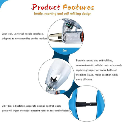 Livestock Syringe Gun Injector, Bottle Adjustable Poultry Continuous Syringes, Reusable Veterinary Precision injection Gun(E,10ML)