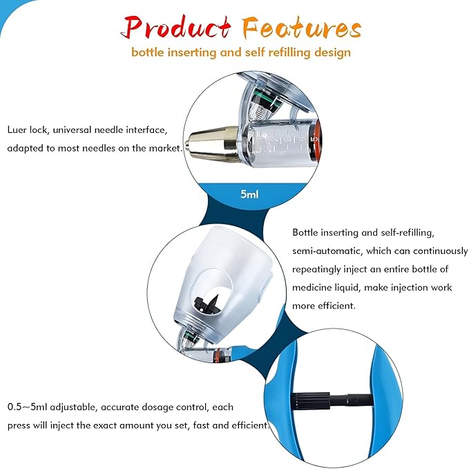 Veterinary Continuous Syringes, Precision Livestock Syringe Gun Adjustable Reusable Animal Injector for Cattle Pig Sheep(F,5ML)