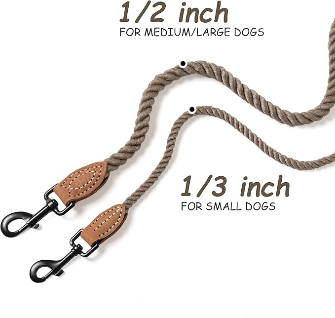 Mile High Life Dog Leash, Braided Cotton Rope Leashes with Leather Tip - Heavy Duty Metal Clasp, 4FT, 1/3" Thick - Wedding, Walking Leash for Small Medium Dogs(Camel)