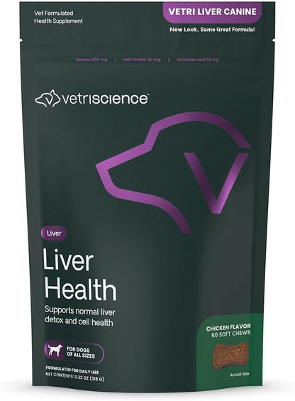 VetriScience Liver Health Chews with Milk Thistle, Vetri Liver Detox Supplement for Dogs, Turmeric and Artichoke Leaf for Liver Support and Detoxification, Chicken, 60 Count
