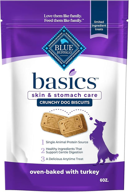 Blue Buffalo Basics Dog Biscuits, Skin & Stomach Care Crunchy Dog Treats, Turkey Recipe, 6-oz Bag