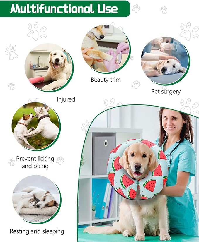MIDOG Inflatable Dog Cone Alternative for After Surgery - Soft Protective Donut Collar Prevents Licking, Comfortable Recovery E-Collar Alternative for Small Medium Large Dogs (Watermelon,S)