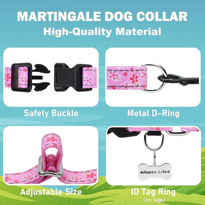 Reflective Martingale Collar for Dogs with Quick Release Buckle Cute Girl Female Flower Dog Collars (Pink Floral, Large)