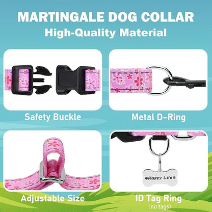 Reflective Martingale Collar for Dogs with Quick Release Buckle Cute Girl Female Flower Dog Collars (Pink Floral, XSmall)