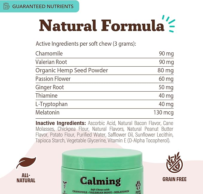 Natural Dog Company Calming Chews for Dogs, Stress & Anxiety Relief Supplement 90 cnt with Chamomile, Valerian Root & Melatonin, Natural Soothing Chews for Travel, Thunder, Fireworks & Separation