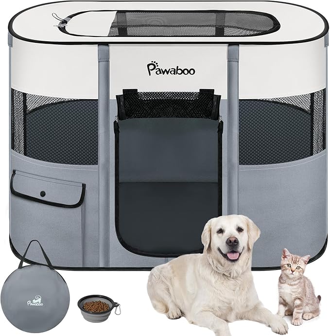 Dog Playpen, Portable Pet Playpen Cat PlayPens,600D Oxford Dog Kennel Tent Crate, Waterproof&Breathable, Indoor Outdoor Travel Camping Use for Medium/Large Breed with Carrying Case+Folding Bowl,L,Gray