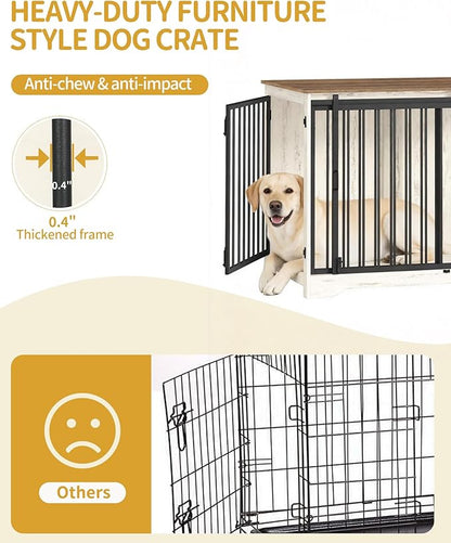 Hzuaneri 43.3" Dog Crate Furniture with Barn Door, Heavy Duty Dog Kennel Indoor with 2 Doors, Wooden Pet Cage End Table for Large Small Medium Dogs, Anti-Chew Anti-Escape, White Brown DFC92314B