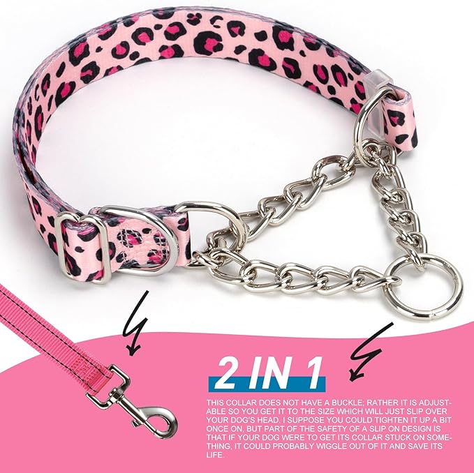 Pink Leopard Martingale Dog Collar - No-Pull Training Collar with Chain, Soft & Durable Design for Medium, Large & XL Dogs (Large Pink Leopard)