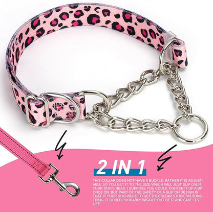 Pink Leopard Martingale Dog Collar - No-Pull Training Collar with Chain, Soft & Durable Design for Medium, Large & XL Dogs (Large Pink Leopard)