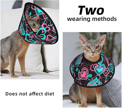 Soft Cat Recovery Collar Abstract Love Hearts Pattern, Adjustable Cat Cone Collar After Surgery, Protective Elizabethan Collar for Kittens and Small Dogs