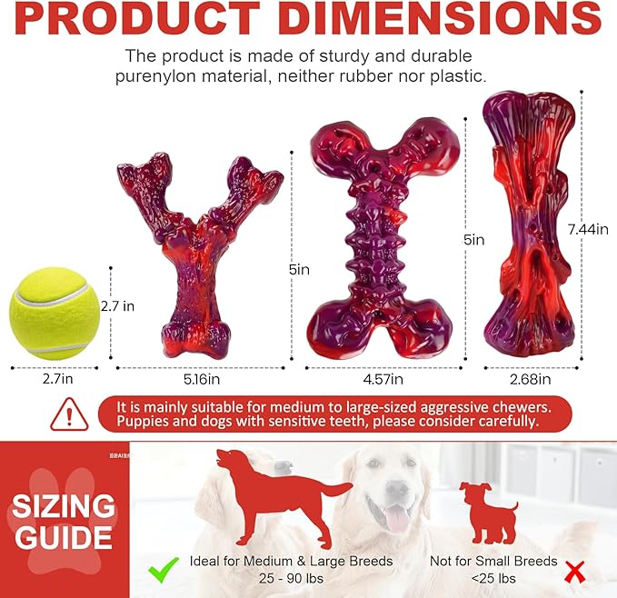 Kseroo Indestructible Dog Toys for Aggressive Chewers 3-Pack: Beef Flavored Dog Chew Toys, Tough Dog Toys for Medium & Large Dogs (20-90lbs), Hard Heavy Duty Nylon Dog Bone Toys to Keep Them Busy, Red