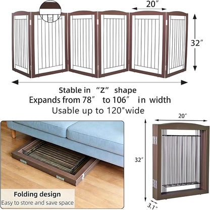 ZJSF Freestanding Foldable Dog Gate for House Extra Wide Wooden Brown Puppy Gate Stairs Dog Gates Doorways Tall Pet Gate 32 "Height 6 Panels Pet Fence