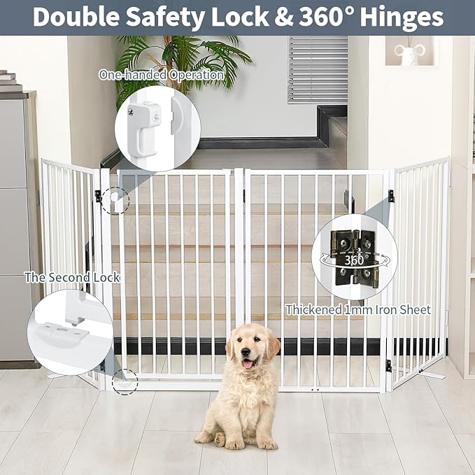 Metal Freestanding Dog Gates with Door for Outdoor Indoor,40'' Extra Wide 24'' Tall Free Standing Dog Gate for Doorways,Large Openings,Deck,Yard,Porch,Foldable Safety Pet Fence(White,2 Panels)